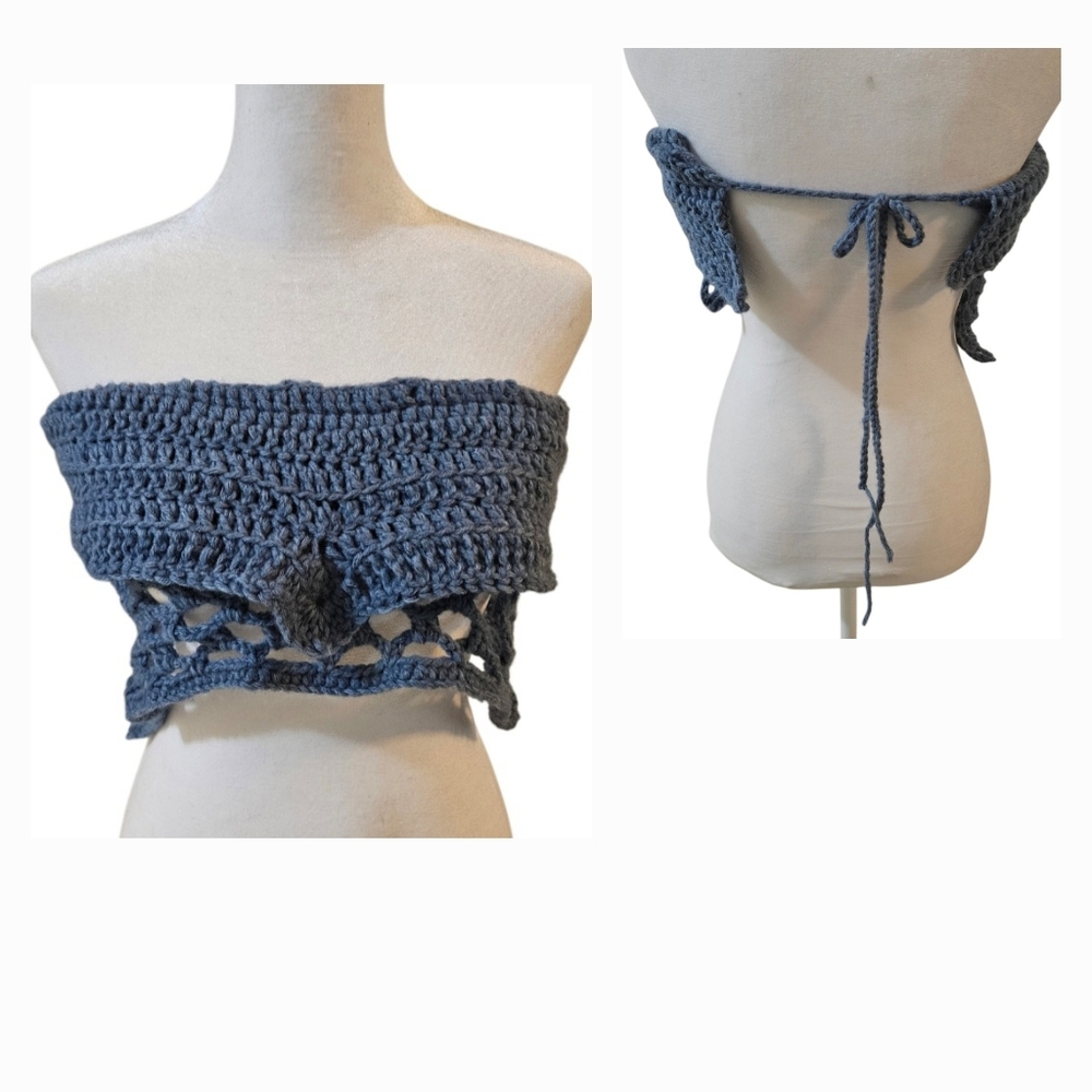 Handmade 4 ways Crochet Summer Top One-of-a-kind Blue Fishnet Bikini Crop-Top - Picture 6 of 17
